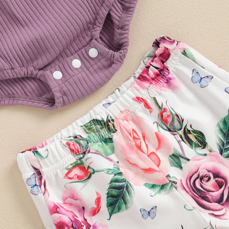 Baby Girl Summer Outfits Tie-Up Halter Neck Sleeveless Rompers Flower Print Flared Pants 2Pcs Clothes Set
