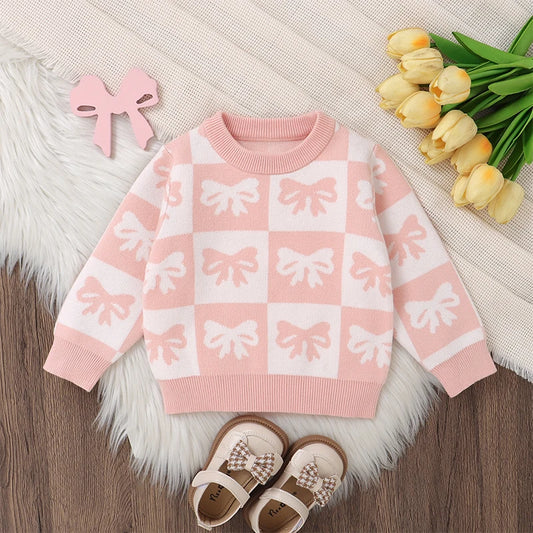 Toddler Girls Sweater Bowknot Print Contrast Color Crew Neck Long Sleeve Baby Pullovers Fall Clothes Tops