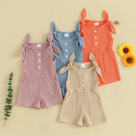 Toddler Kids Girls Rompers Shorts 4 Colors Solid Sleeveless Ribbed Knitted Jumpsuit Overalls Summer Clothes