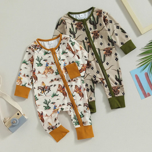 Baby Boys Jumpsuit Long Sleeve Cow/Horse Print Zipped Romper