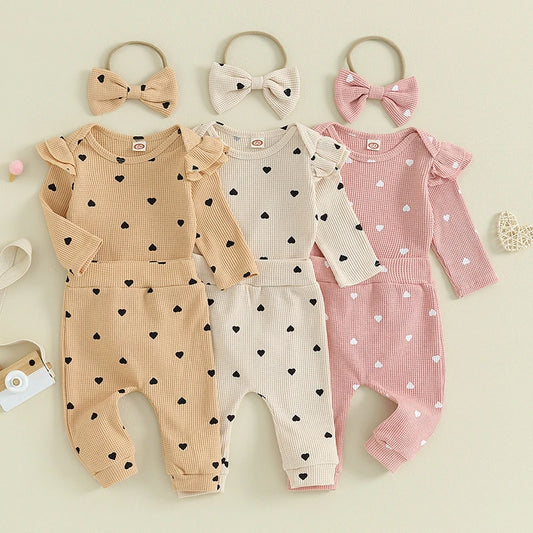Infant Baby Girl Clothes Set Waffle Knit Heart Long Sleeve Romper Pants Headband Suit Outfits Fall Clothes
