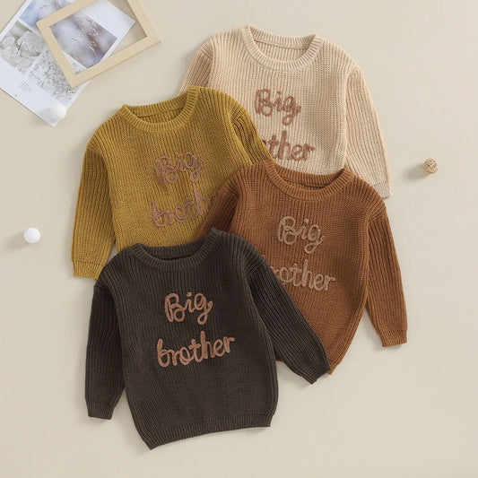 Boys Long Sleeve Letter "Big Brother" Embroidery Pullover Loose Cotton Knit Sweater