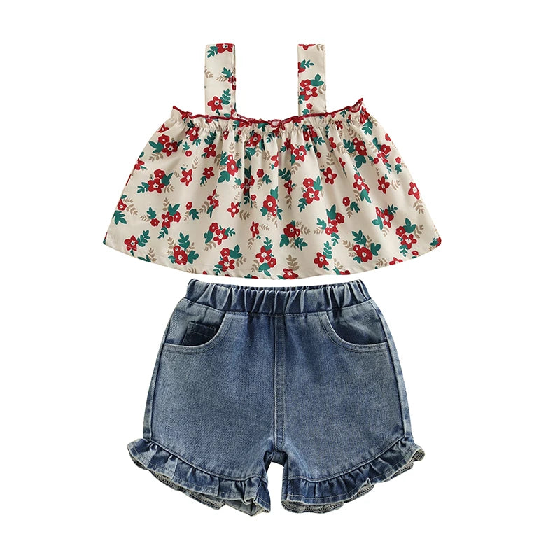 Baby Girls Summer Outfits Floral Print Sleeveless Camisole and Elastic Ruffled Denim Shorts Set Clothes