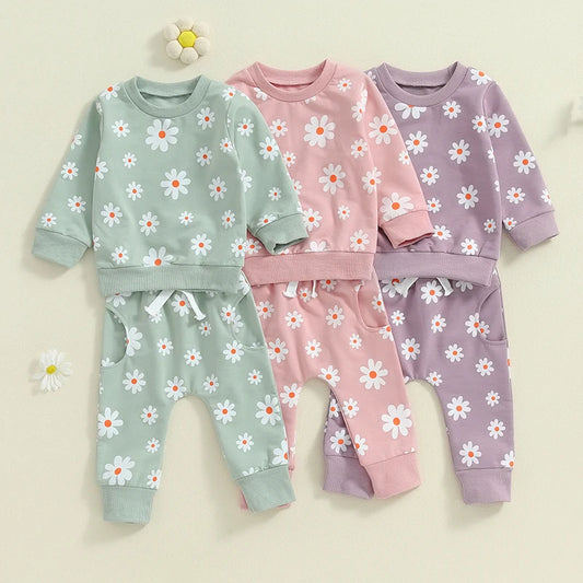 Little Girl 2 Piece Fall Outfit, Flower Print Long Sleeve Sweatshirt Elastic Waist Pants with Pockets