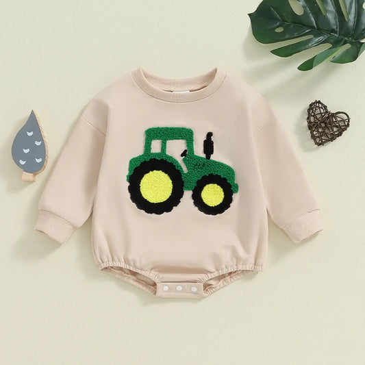 Baby Boys Romper Long Sleeve Crewneck Tractor Embroidery Casual Playsuit