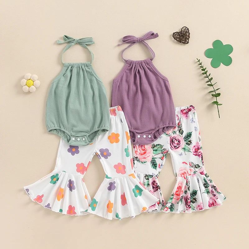 Baby Girl Summer Outfits Tie-Up Halter Neck Sleeveless Rompers Flower Print Flared Pants 2Pcs Clothes Set
