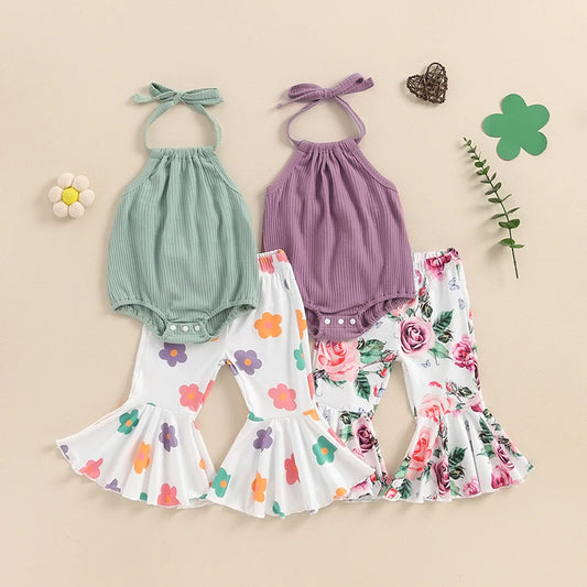 Baby Girl Summer Outfits Tie-Up Halter Neck Sleeveless Rompers Flower Print Flared Pants 2Pcs Clothes Set