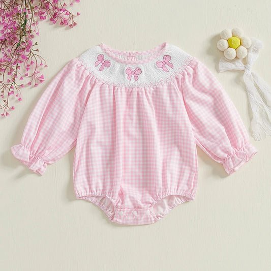 Newborn Baby Girls Cute Romper Bow Embroidery Plaid Long Sleeve Jumpsuits Infant Toddler Fashion Clothes