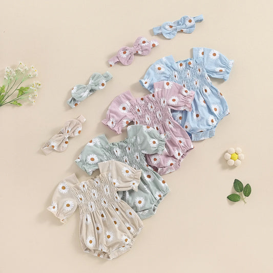 Baby Girl 2Pcs Summer Outfits Short Sleeve Daisy Print Smocked Romper with Headband Set Newborn Clothes