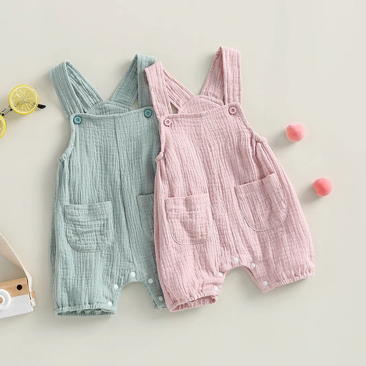 Infant Newborn Baby Boy Girl Summer Suspenders Jumpsuit Solid Sleeveless Romper with Pockets