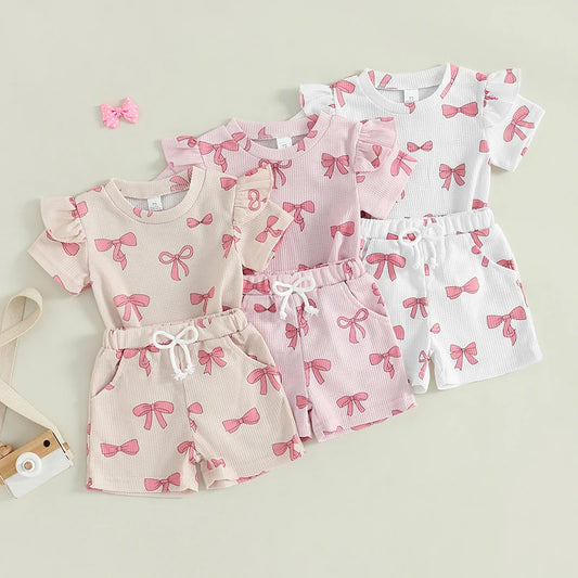 Toddler Girl Summer Clothes Bow Print Short Sleeve O-Neck T-Shirt with Elastic Waist Shorts Waffled Set