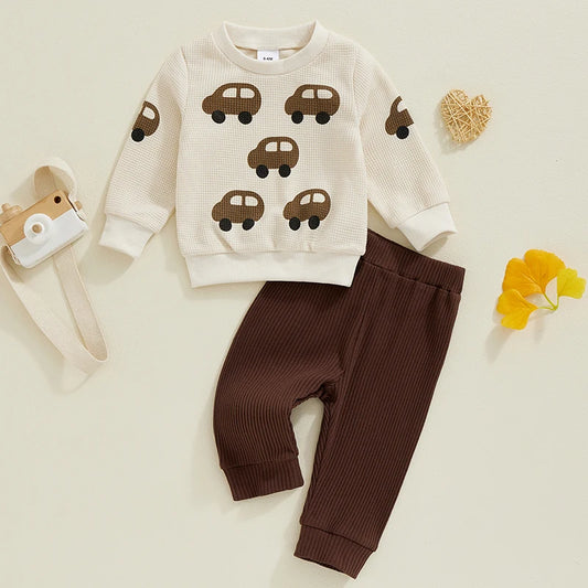 Baby Boy Track Suit Car Print Waffle Long Sleeve Sweatshirt and Elastic Pants 2 Piece Outfits for Toddler