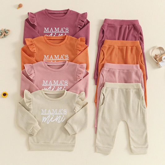 Girls Set Letter Embroidered Long Sleeve Ruffled Tops Elastic Waist Pockets Long Pants Outfits
