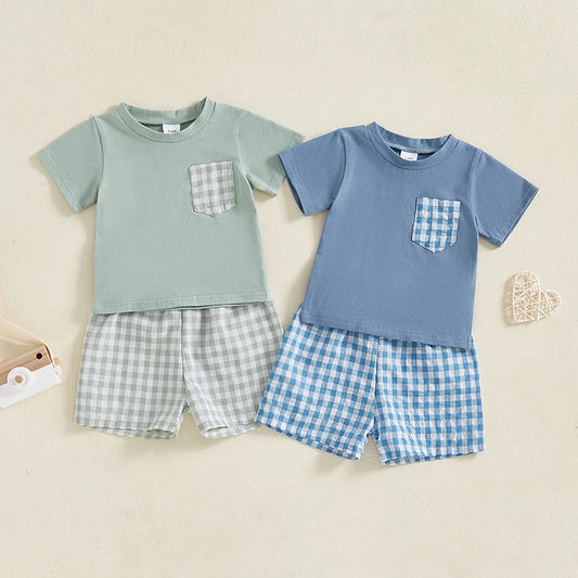 Toddler Boy Summer Outfits Pocket Round Neck Short Sleeve Tops with Plaid Pattern Shorts Outfit