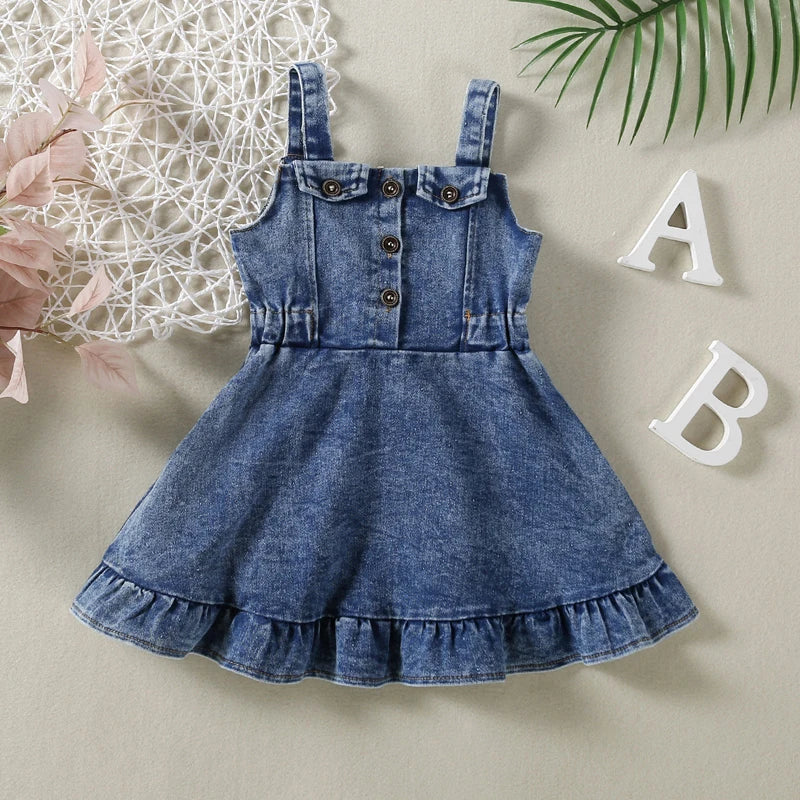 Baby Girl Off Shoulder Ruffle Denim Dress with Sleeveless Button Down - Cute Summer Outfit for Toddlers