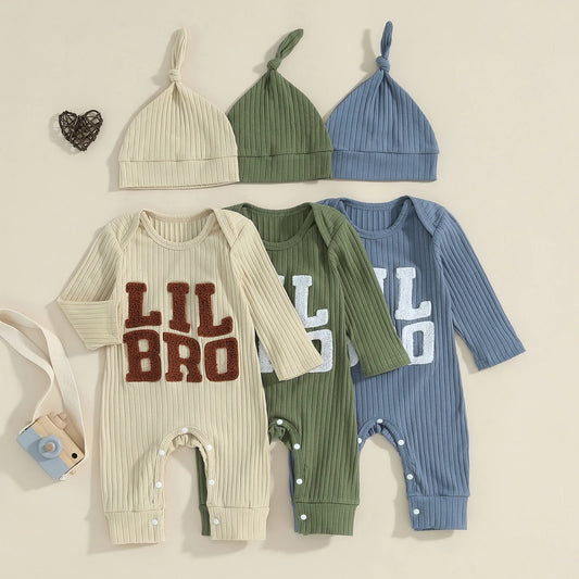 Baby Boy Jumpsuit and Hat Set Long Sleeve Round Neck "Lil Bro" Letter Print Ribbed Romper with Cap Outfit