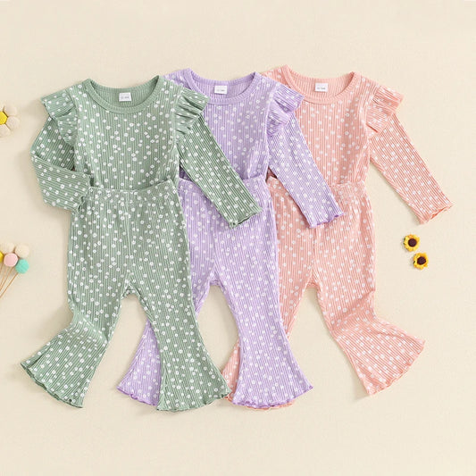 Baby Girl 2Pcs Fall Outfits Ruffle Long Sleeve Lettuce Trim Tops + Flare Pants Set Toddler Clothes