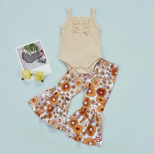 Baby Girl Pants Set Square Neck Solid Ribbed Romper Floral Elastic Waist Flared Long Pants
