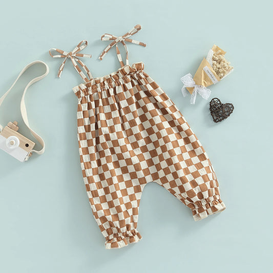 Baby Girls Casual Jumpsuit Brown Plaid Pattern Sleeveless Tie-up Strap Romper Summer Clothing