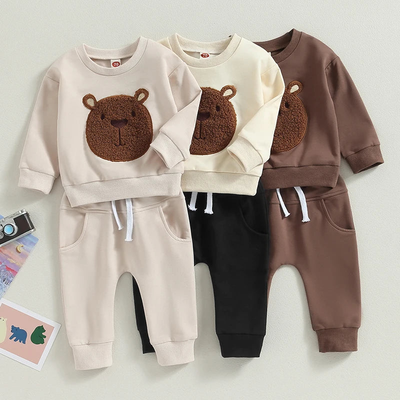 Toddler Baby Boy Girl 2Pcs Fall Outfits Long Sleeve Bear Embroidery Tops Pocket Pants Set