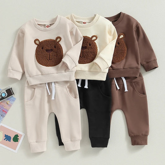 Toddler Baby Boy Girl 2Pcs Fall Outfits Long Sleeve Bear Embroidery Tops Pocket Pants Set