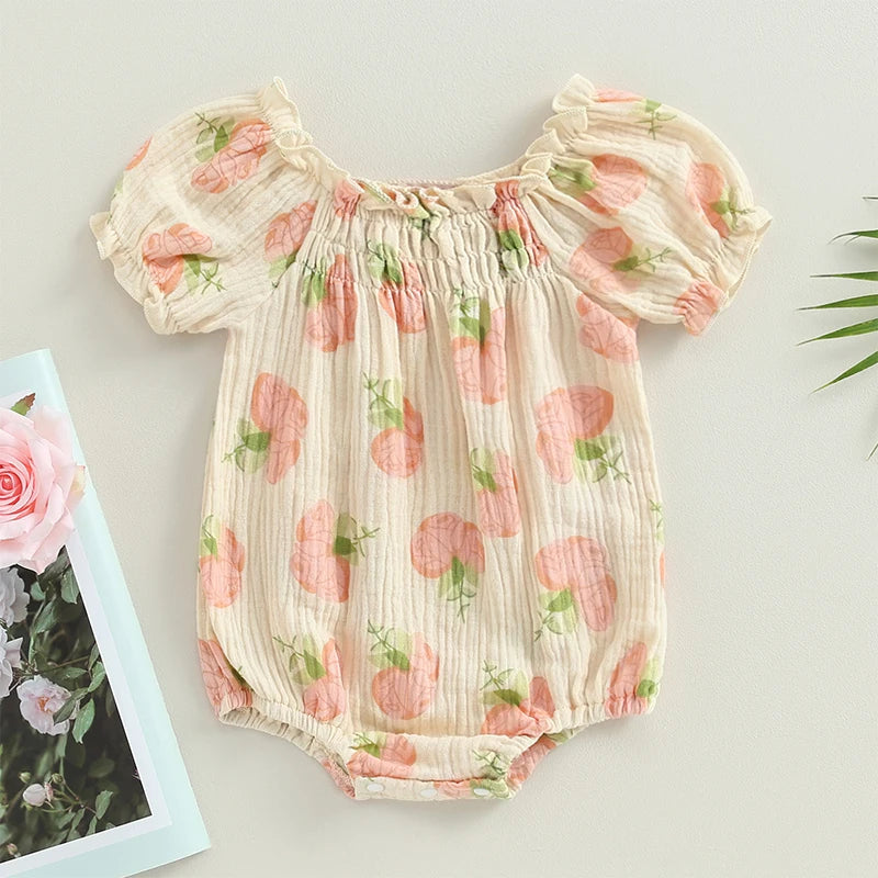 Infant Baby Girls Bodysuit Flower Print Short Puff Sleeve Newborn Jumpsuits 2 Styles Summer Clothes