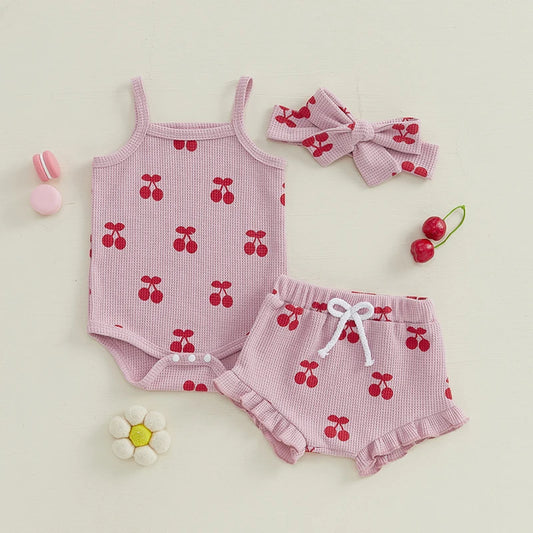 Summer Cute Baby Girls Shorts Outfits Sleeveless Cherry Print Romper Drawstring Shorts Headband Sets