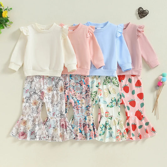 Little Girls 2PCS Outfits Flying Sleeve Round Neck Tops Floral/Butterfly Print Flared Pants Sets 6M-4Y