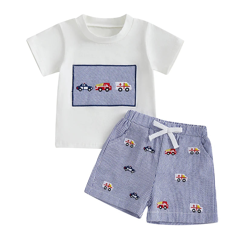 Toddler Baby Boy Shorts Set Vehicle Embroidered Short Sleeve Tops Striped Elastic Waist Shorts Outfit