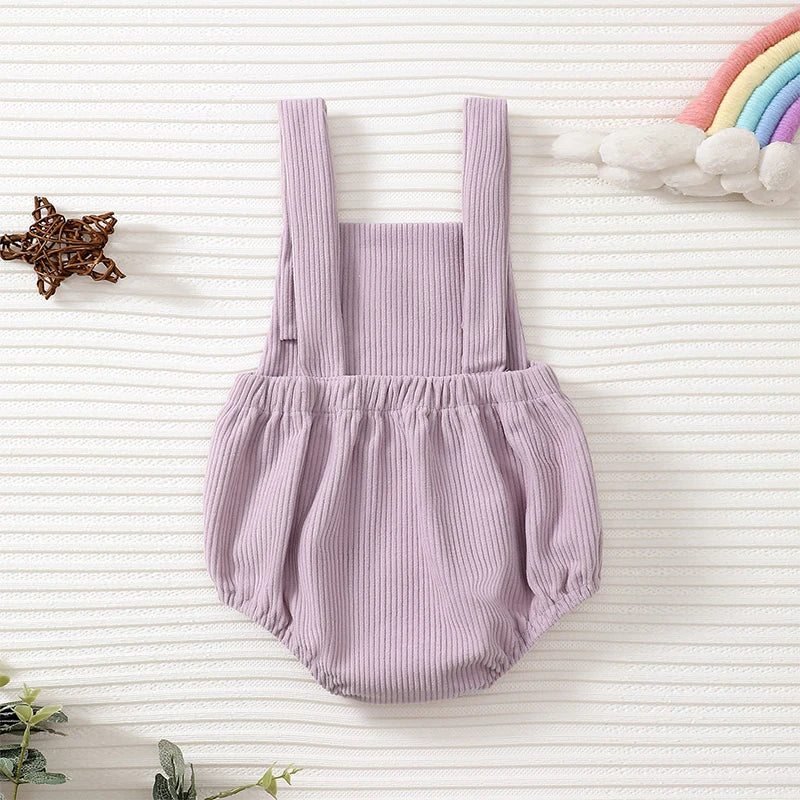 Baby Girl Overalls Rainbow/Strawberry Embroidery Square Neck Sleeveless Ribbed Romper