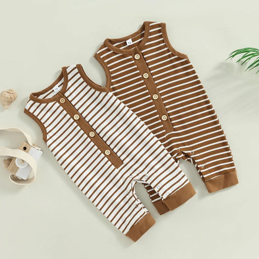 Infant Baby Girls Boys Romper Stripe Sleeveless Crew Neck Buttons Snap Closure Jumpsuits Summer Jumpsuit