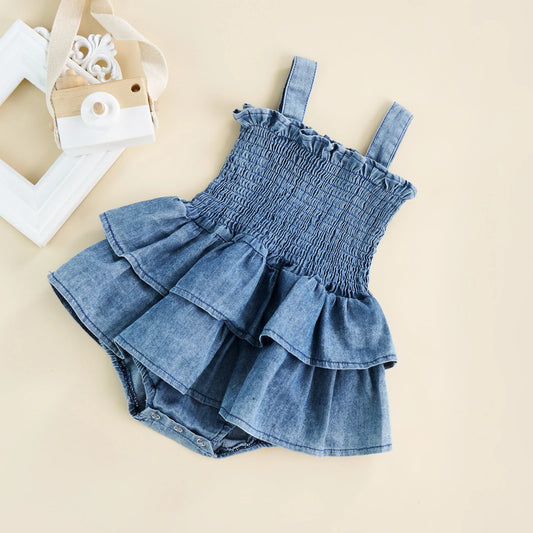 Infant Baby Girl Bodysuit Sleeveless Suspender Pleated Design Ruffle Hem Bottom Snap Button Jumpsuit