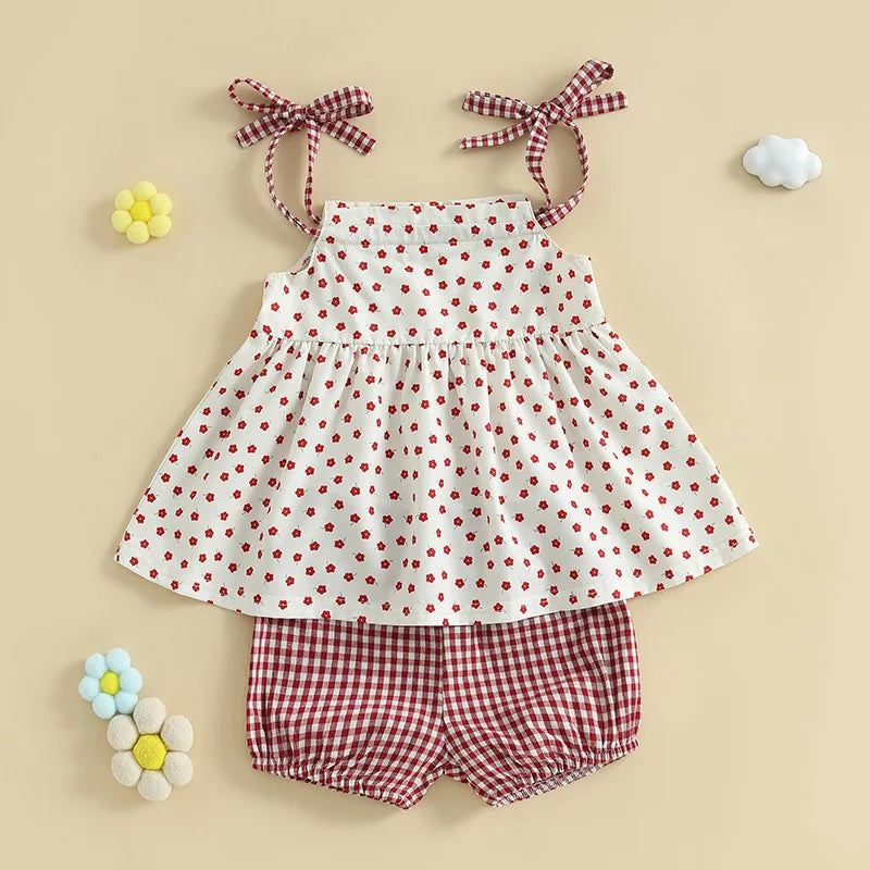 Baby Girl Summer Clothes Floral Print Tie-up Spaghetti Strap Cami Tops + Elastic Waist Plaid Shorts Set
