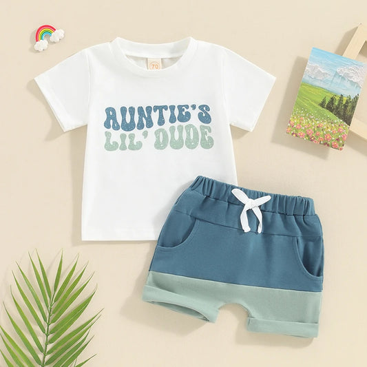 Toddler Boys Summer Outfits Letter Print Short Sleeve T-Shirts Tops and Elastic Waist Contrast Color Shorts Set
