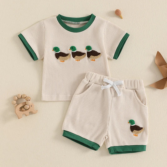 Boys Summer Shorts Sets Short Sleeve O Neck Duck Embroidery Tops and Drawstring Shorts Sets