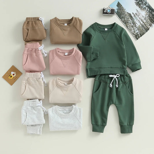Toddler Boys Girl 2Pcs Fall Outfits Solid Crew Neck Long Sleeve Sweatshirts Long Pants Clothes