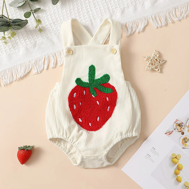 Baby Girl Overalls Rainbow/Strawberry Embroidery Square Neck Sleeveless Ribbed Romper