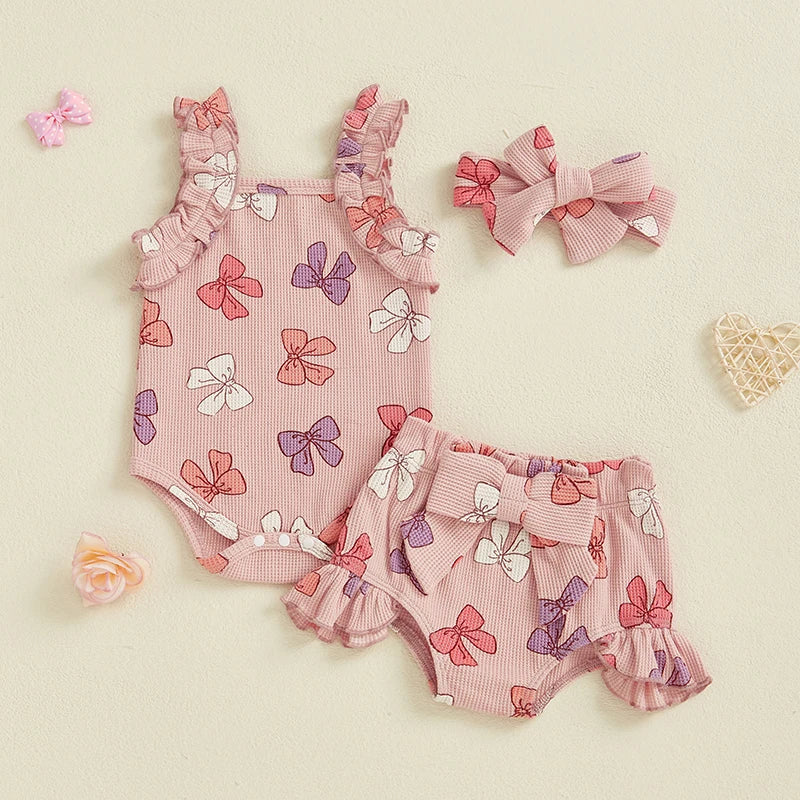 Baby Girls Summer Outfits Bow/Strawberry Print Sleeveless Romper with Ruffled Shorts Bow Headband 3Pcs Set