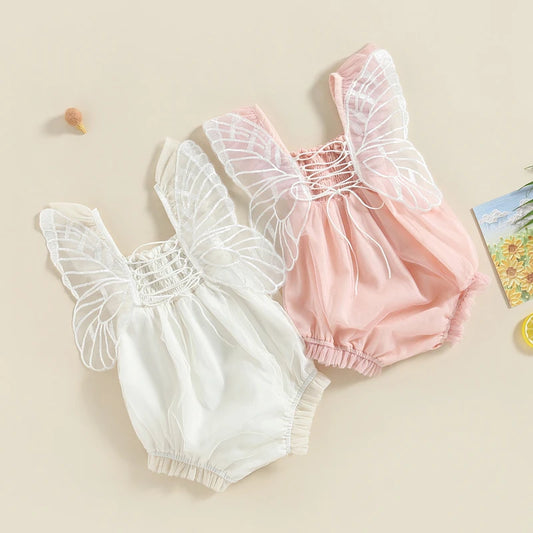 Newborn Baby Girls Bodysuit Fly Sleeve Embroidery  Pleated Lacing Summer Jumpsuit