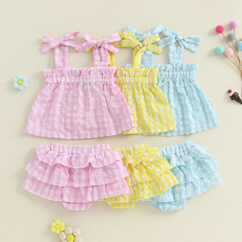Baby Girl Summer Outfit Plaid Tie-Up Straps Sleeveless Tank Tops Elastic Waist Shorts 2Pcs Clothes Set