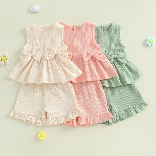 Toddler Baby Girl Summer Clothes Solid Color Bow Round Neck Tank Tops + Elastic Waist Ruffled Shorts Set