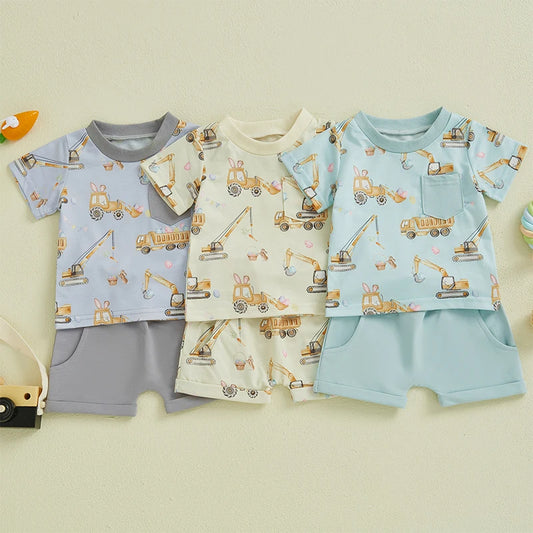 Toddler Boy Summer Outfits Excavator Print Round Neck Short Sleeve Tops with Elastic Waist Shorts Outfit