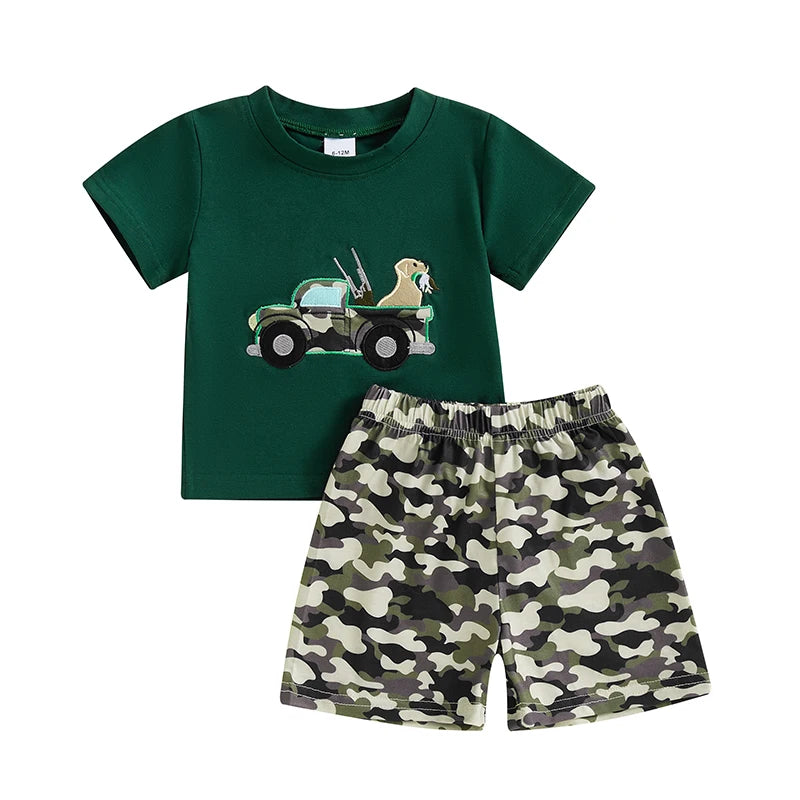 Toddler Baby Boy Summer Outfit Truck Dog Embroidery Short Sleeve T-shirts Camouflage Shorts Set