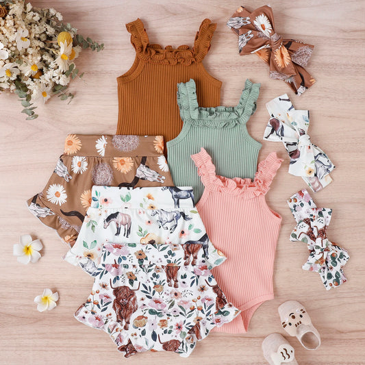 Infant Baby Girl 3Pcs Off Shoulder Romper Tops Bull Print Short Pants Head Band Summer Clothing