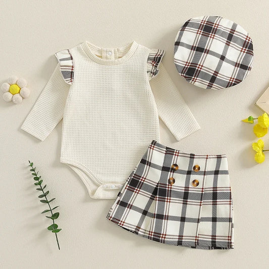 Baby Girls Clothes Sets Ruffles Long Sleeve Ribbed Romper+Plaid Print A-Line Skirts Hats