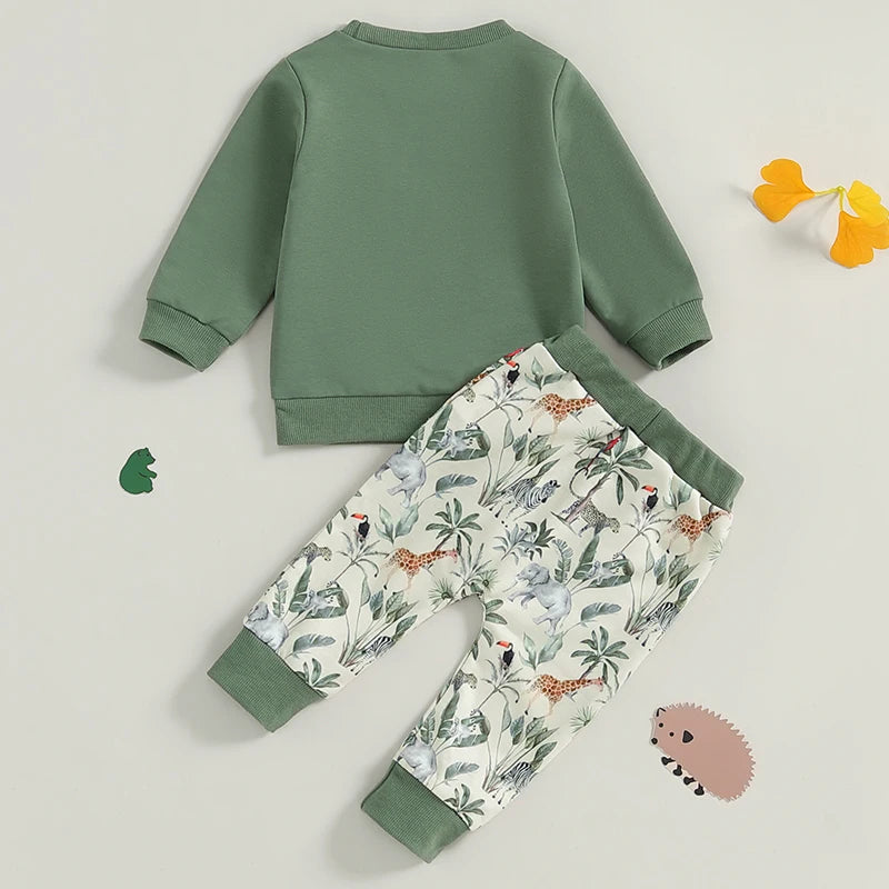 Baby Boys 2PCS Outfits Long Sleeve Crew Neck Letter Print Tops Animal Print Pants Fall Sets