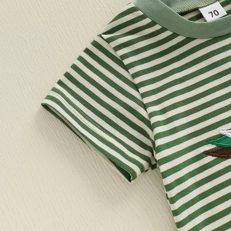 Toddler Boy Summer T-Shirt Duck Embroidery Short Sleeve Round Neck Stripe Print Top