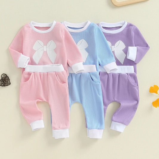 Toddler Girl Fall Outfits Bowknot Print Crew Neck Long Sleeve Waffle Sweatshirts and Long Pants 2Pcs Set