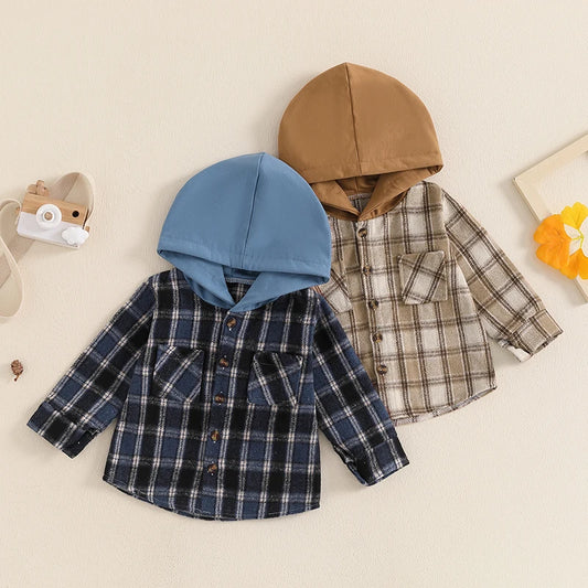 Toddler Baby Boys Plaid Pocket Button Long Sleeve Hooded Cardigan Jackets Tops Outwear