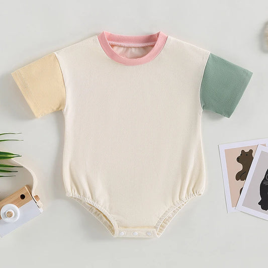 Baby Boys Girls Summer Romper Short Sleeve O Neck Contrast Color Playsuit 2Styles